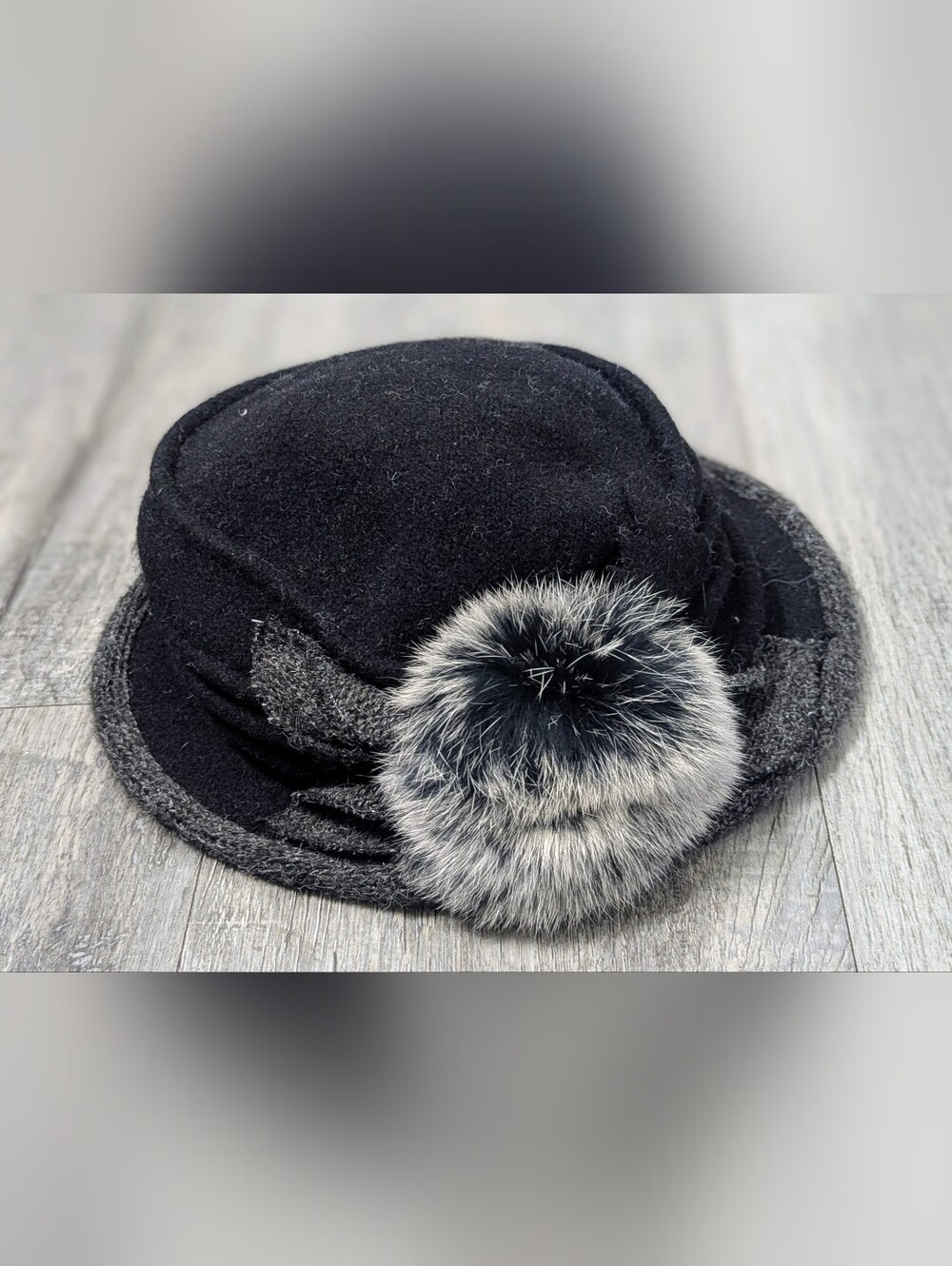 Forbusite 100% Boiled Wool Cloche W/Ruche Crown & Fuzzy Pom NWOT